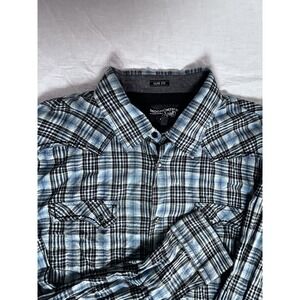 Moon Shine Spirit Shirt Men's XXL Plaid Button Up Pearl Snap Western Blue